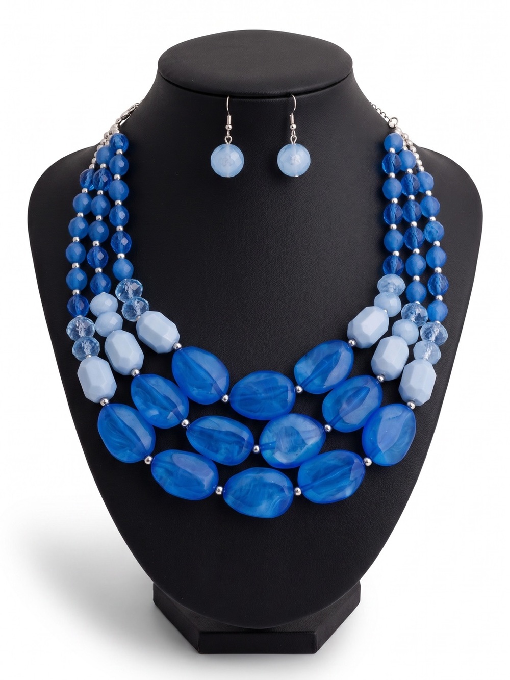 NWT Blue Marbled 3 Strand Chunky Bead Statement Necklace Set